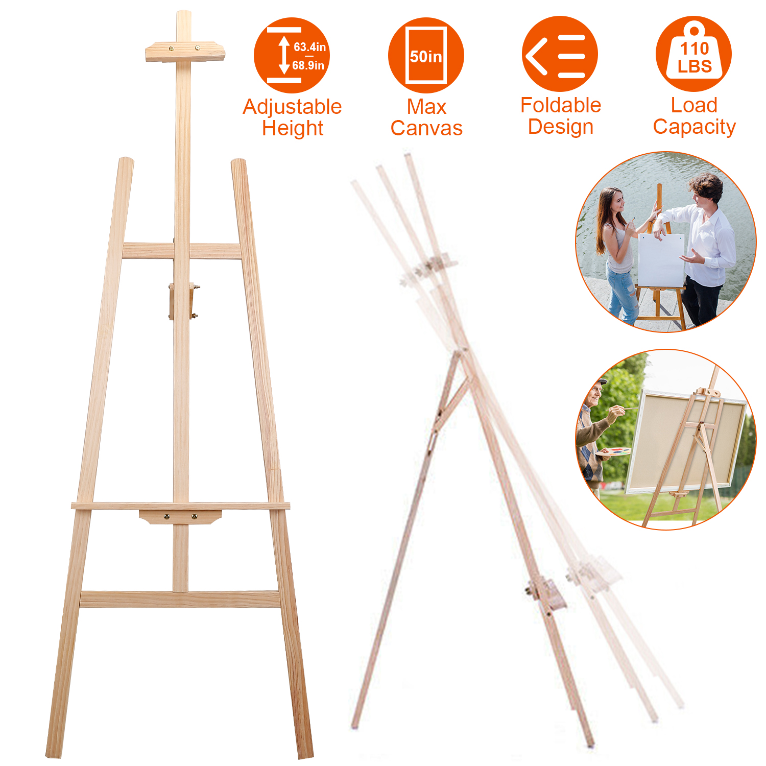 iMounTEK Painting Easel Stand Wooden Inclinable A Frame Tripod Easel  Drawing Stand with 63.4 in-68.9in Adjustable Height Hold Canvas up to 50in  